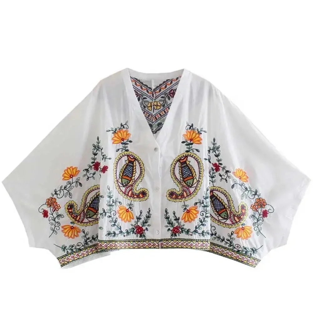 Boho Floral Embroidered Batwing Sleeve Blouse Ruffle Mini Skirt Set - Picture 8 of 14
